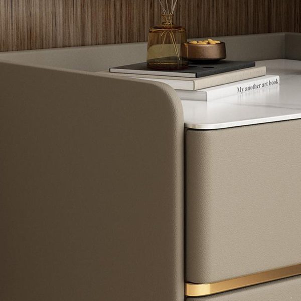 Modern Luxury Rectangular Solid Wood Rock Slab Leather Nightstand 2-Drawer For Bedroom - Image 9