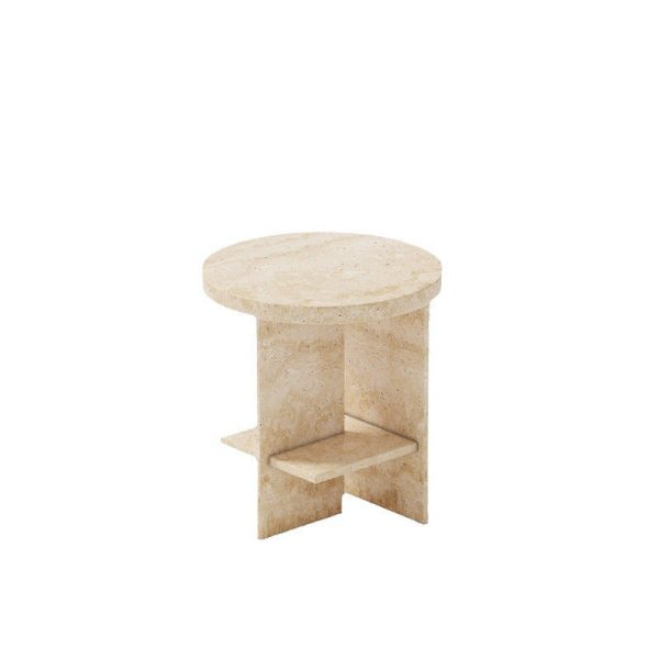 Contemporary Nordic Round Crossed Base Travertine Chrysoprase Side Table 2-Shelf For Bedside - Image 24