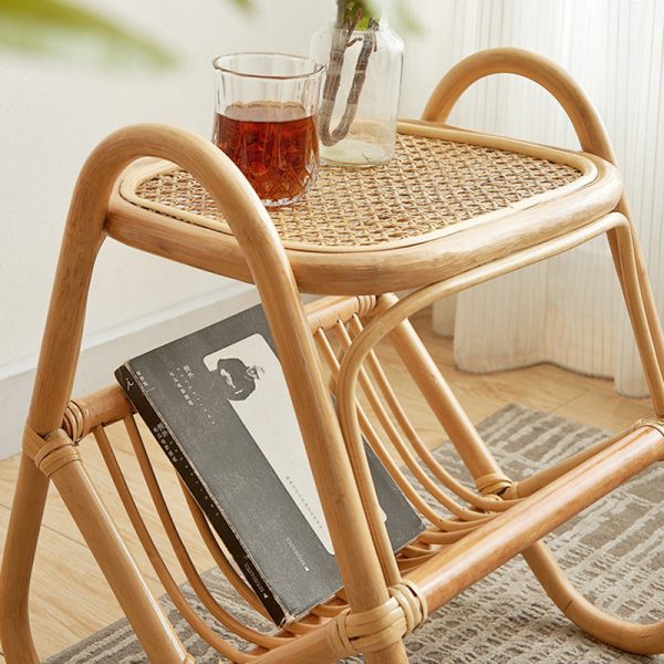 Traditional Japanese Weaving Rectangular Rattan Glass Side Table 2-Tier For Living Room - Image 13