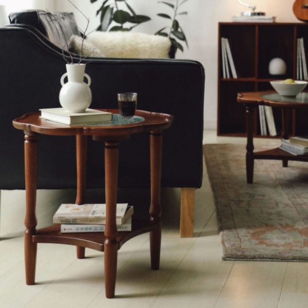 Contemporary Retro Flower Round Wood Glass Coffee Table 2-Tier For Living Room - Image 4