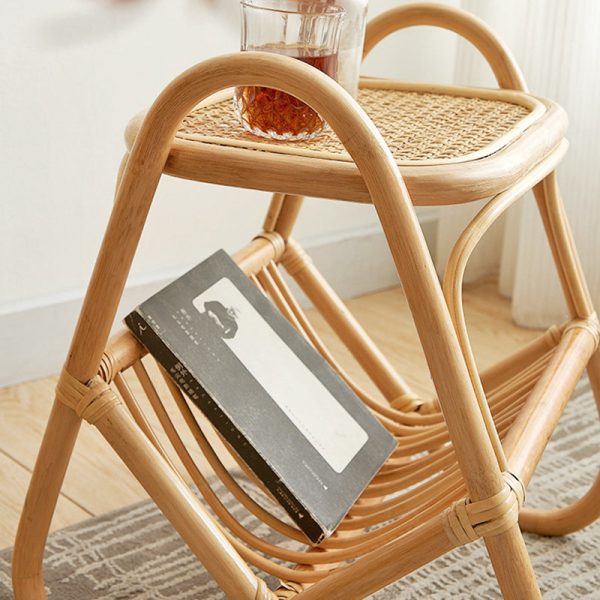 Traditional Japanese Weaving Rectangular Rattan Glass Side Table 2-Tier For Living Room - Image 11