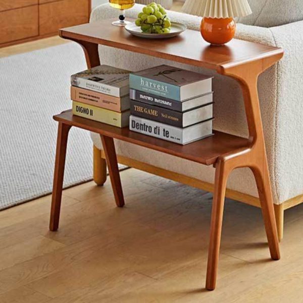 Contemporary Retro Rectangular Beech Rubber Wood Side Table 2-Tier For Living Room - Image 3