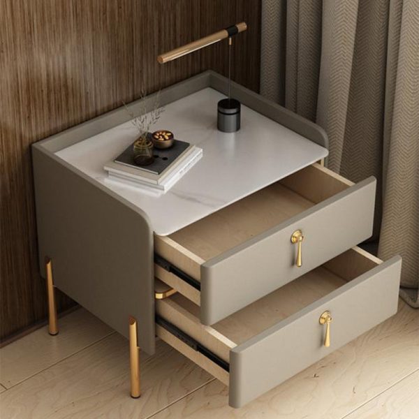 Modern Luxury Rectangular Solid Wood Rock Slab Leather Nightstand 2-Drawer For Bedroom - Image 12
