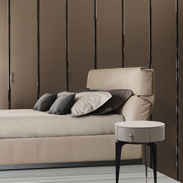 Modern Luxury Round Microfiber Leather Solid Wood Metal Nightstand 1-Drawer For Bedroom - Image 2