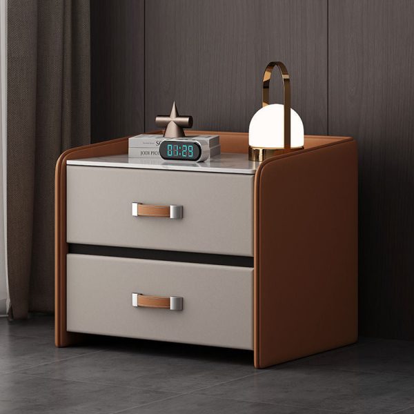 Modern Simplicity Rectangular Slab Saddle Leather Wood Nightstand 2-Drawer For Bedside - Image 13
