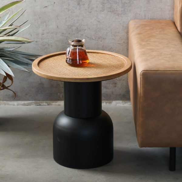 Traditional Vintage Round Cylinder Iron Rattan Wood End Table For Living Room - Image 3