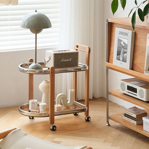 Modern Minimalist Square Wood Glass End Table Two Tier Trolley Swivel For Living Room - Image 4