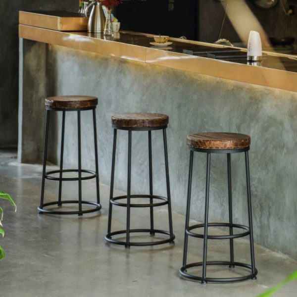 Contemporary Industrial Round Solid Wood Iron Frame Bar Stool Backless Footrest For Dining Room - Image 9