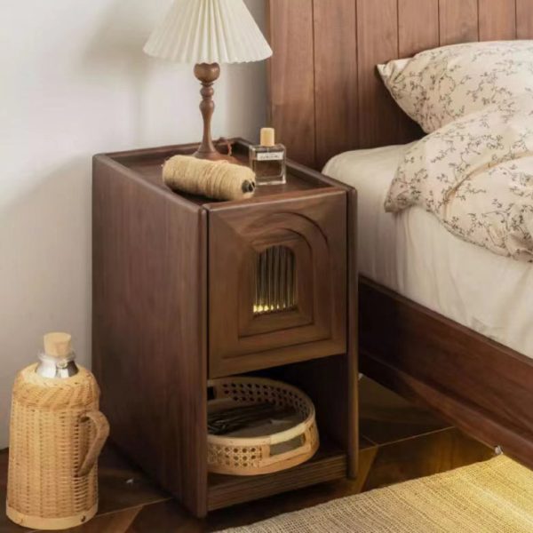 Contemporary Retro Rectangular Arched Door Walnut Glass Nightstand 1-Drawer With Nightlight For Bedside - Image 3
