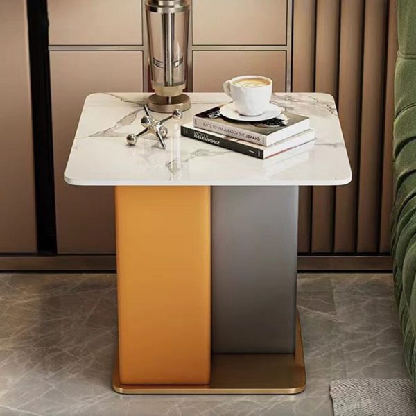 Contemporary Scandinavian Square Column Slate Leather Wood Carbon Steel End Table For Living Room - Image 8