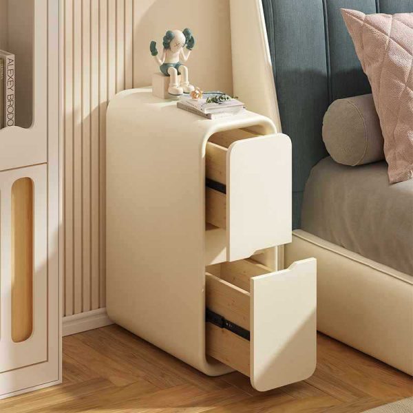 Modern Minimalist Rounded Corner Rectangular Leather Wood Metal Nightstand 2-Drawer For Bedroom - Image 7