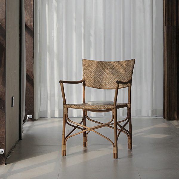 Traditional Farmhouse Weaving Rattan Square Dining Chair Backrest Armrest For Living Room - Image 3