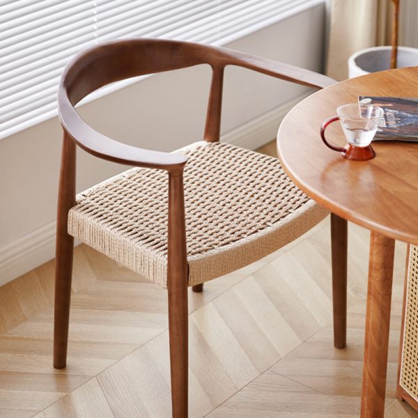Traditional Vintage Braided Rope Wood Legs Square Dining Chair Backrest Armrest For Dining Room - Image 3