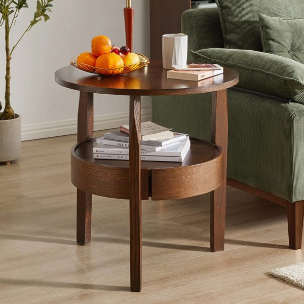 Contemporary Retro Antique Oak Wood Circular End Table 2-Tier Drawer For Living Room - Image 4