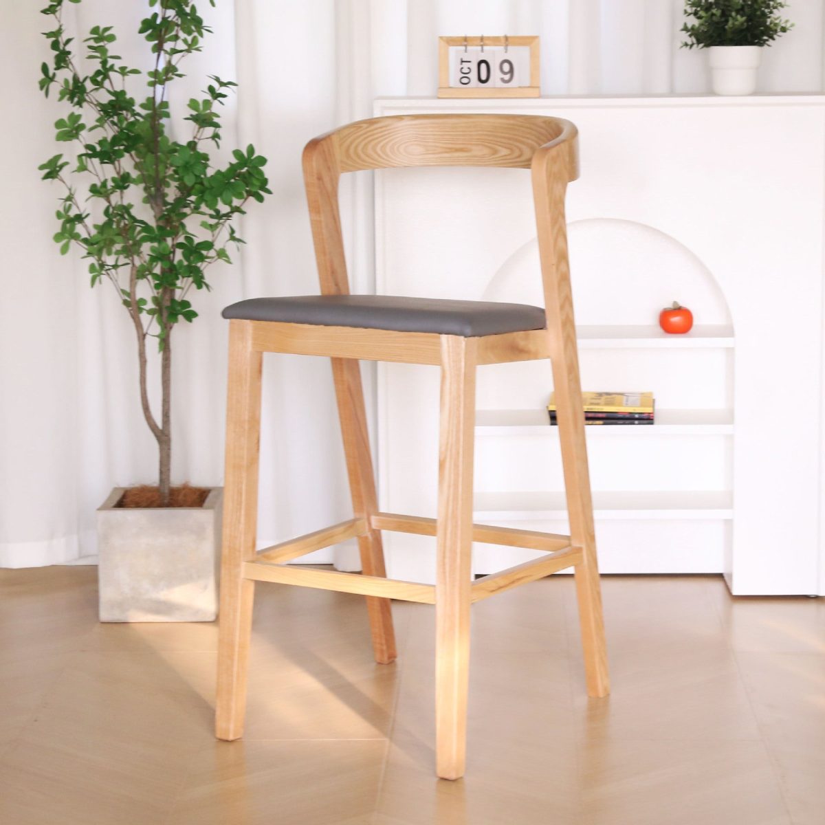 Contemporary Nordic Square Curved Fabric Wood Bar Stool Backrest Footrest For Dining Room - Image 1