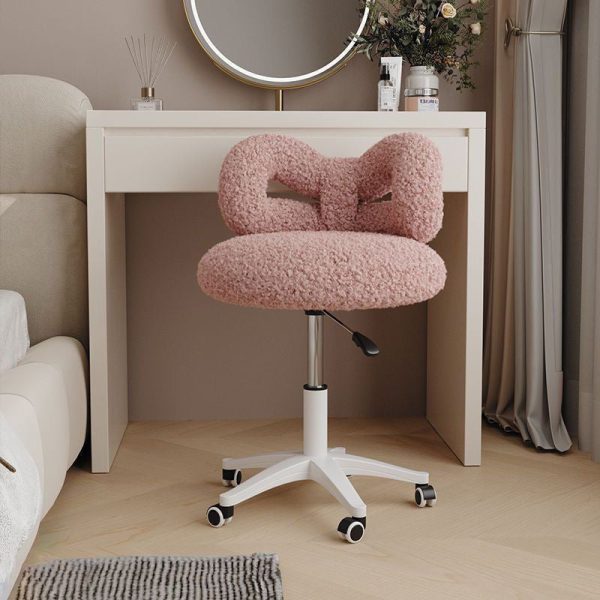 Modern Art Deco Butterfly Knot Round Lambswool Leather Metal Vanity Stool Backrest Armless For Bedroom - Image 9