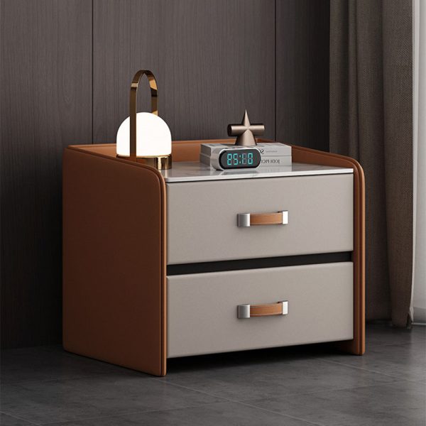 Modern Simplicity Rectangular Slab Saddle Leather Wood Nightstand 2-Drawer For Bedside - Image 4