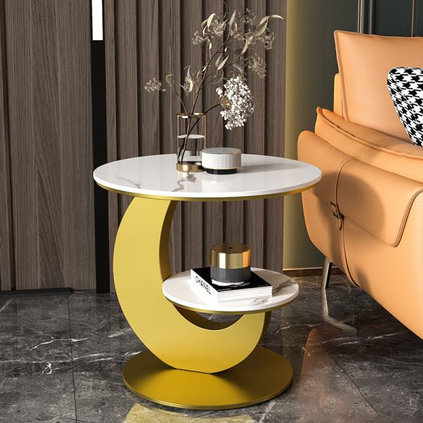 Modern Luxury Round Crescent Moon Frame Slab Carbon Steel End Table 2-Tray For Living Room - Image 21