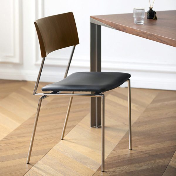 Contemporary Nordic Rectangular Curved Backrest Wood Leather Dining Chair For Dining Room - Image 8