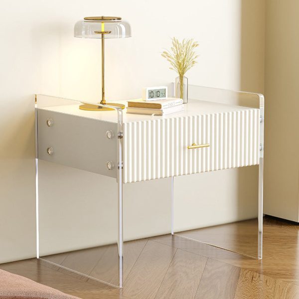 Modern Luxury Rectangular Table Top Acrylic Tempered Glass Solid Wood Nightstand 1-Drawer For Bedroom - Image 10