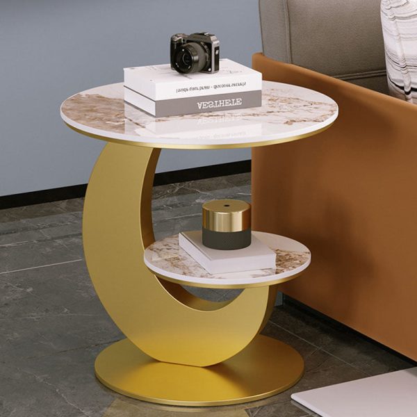 Modern Luxury Round Crescent Moon Frame Slab Carbon Steel End Table 2-Tray For Living Room - Image 14