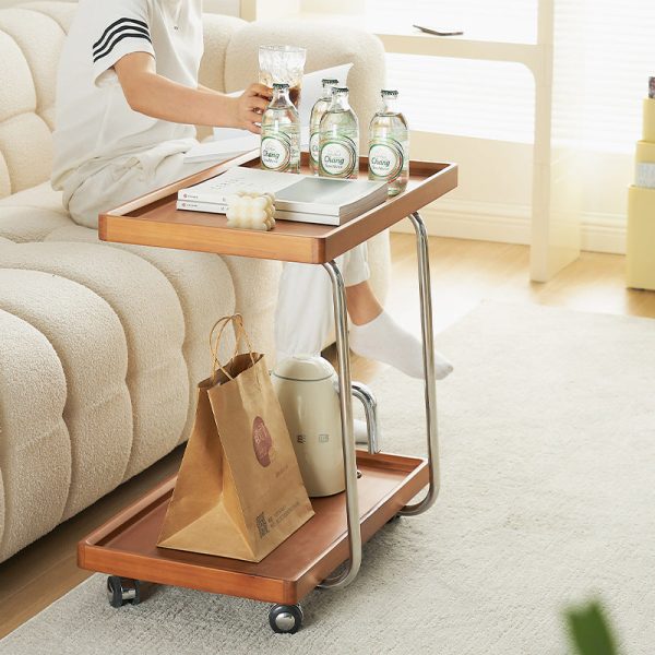 Modern Minimalist Square Wood Metal End Table Two Tier Wheels For Living Room - Image 7