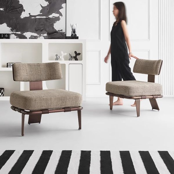 Modern Luxury Rectangular Cushion Cotton Linen Saddle Leather Stainless Steel Accent Chair Backrest For Living Room - Image 3