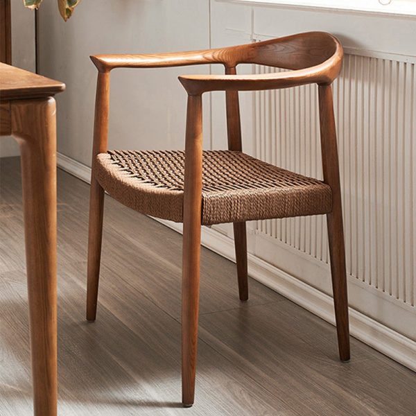 Traditional Vintage Braided Rope Wood Legs Square Dining Chair Backrest Armrest For Dining Room - Image 17