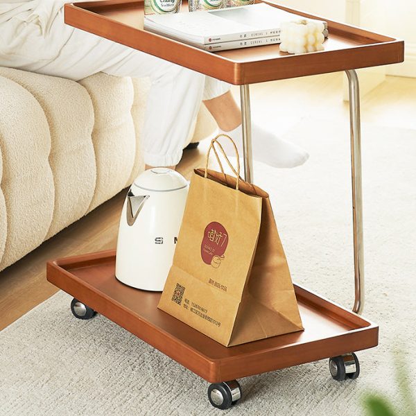 Modern Minimalist Square Wood Metal End Table Two Tier Wheels For Living Room - Image 2