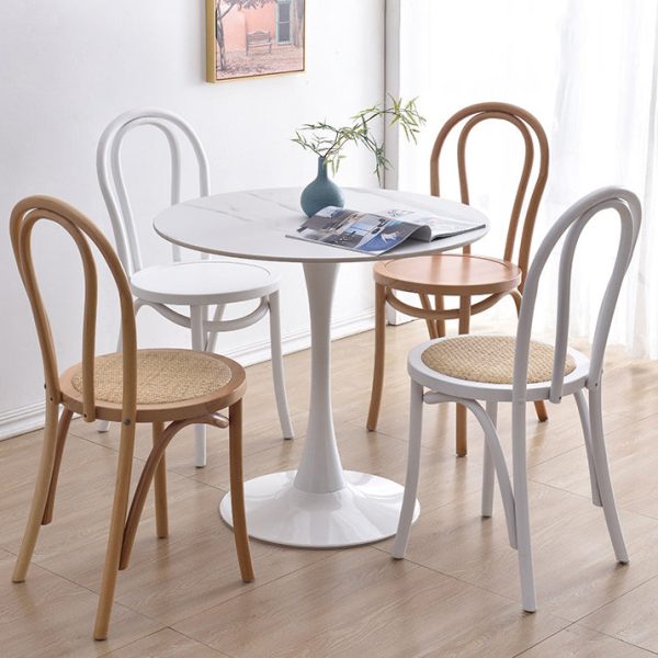 Traditional Chinese Round Wood Rattan Dining Chair Four Legs Backrest For Dining Room - Image 13