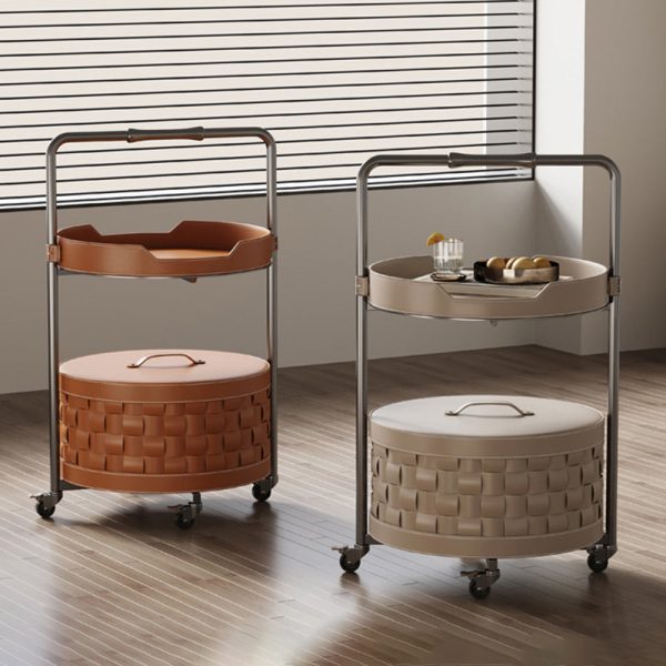 Contemporary Nordic Round Stainless Steel Saddle Leather End Table Movable 2-Tier For Living Room - Image 3