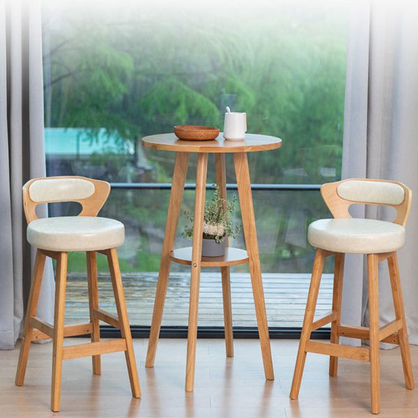 Modern Simplicity Round PU Leather Wood Bar Stool Low Back Footrest For Dining Room - Image 12