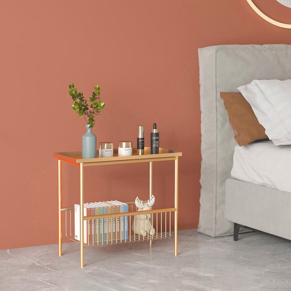 Contemporary Scandinavian Rectangle Iron Top End Table 2-Tier Storage Shelves For Living Room - Image 3