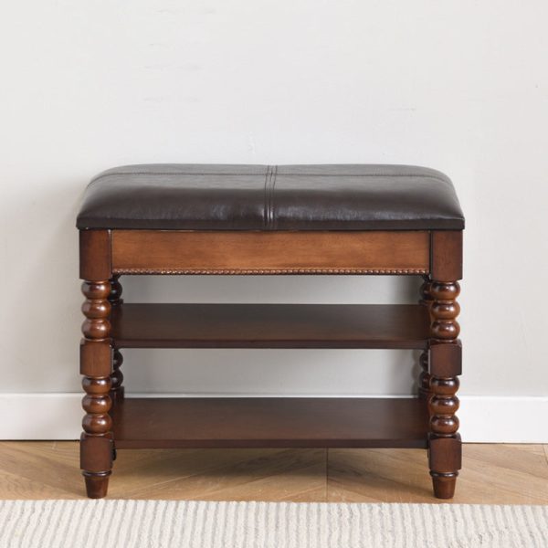 Traditional European Rectangular Wood Leather Vanity Stool Backless Armless For Living Room - Image 3