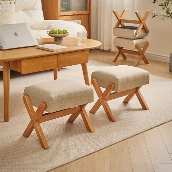 Contemporary Simplicity Wood Linen X-Shaped Legs Footstool Backless Armless For Entryways - Image 16