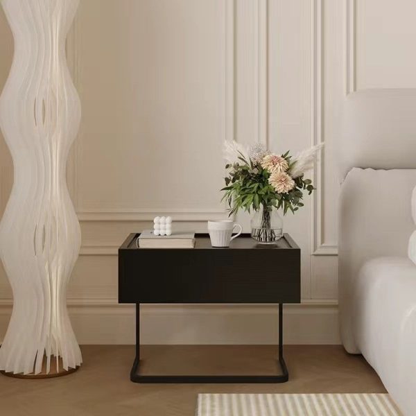 Modern Minimalist Rectangular Solid Wood Iron Nightstand 1-Drawer For Bedroom - Image 2