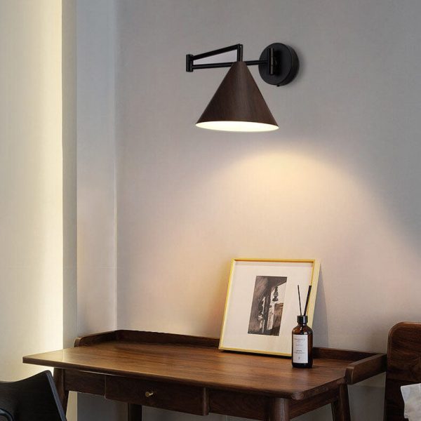 Nordic Minimalist Cone Swing Arm Wood Grain Iron 1-Light Wall Sconce Lamp - Image 3