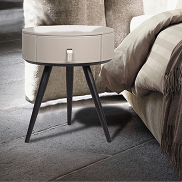 Modern Luxury Round Microfiber Leather Solid Wood Metal Nightstand 1-Drawer For Bedroom - Image 13