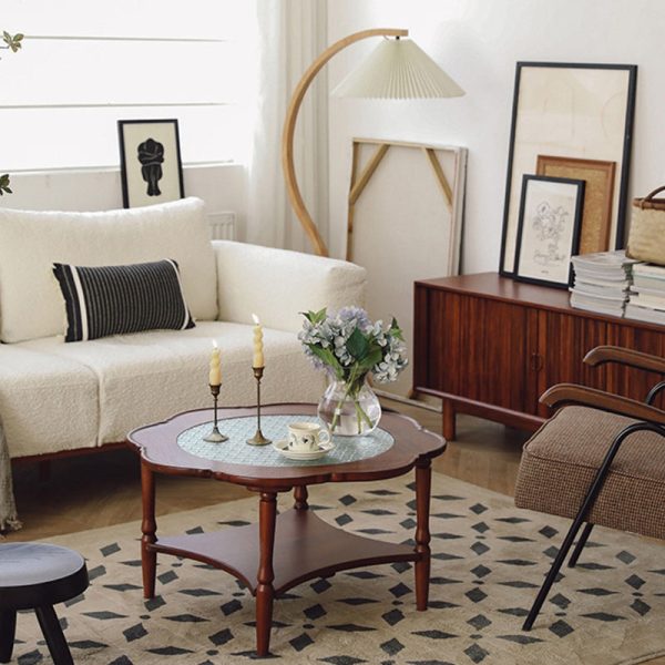 Contemporary Retro Flower Round Wood Glass Coffee Table 2-Tier For Living Room - Image 19
