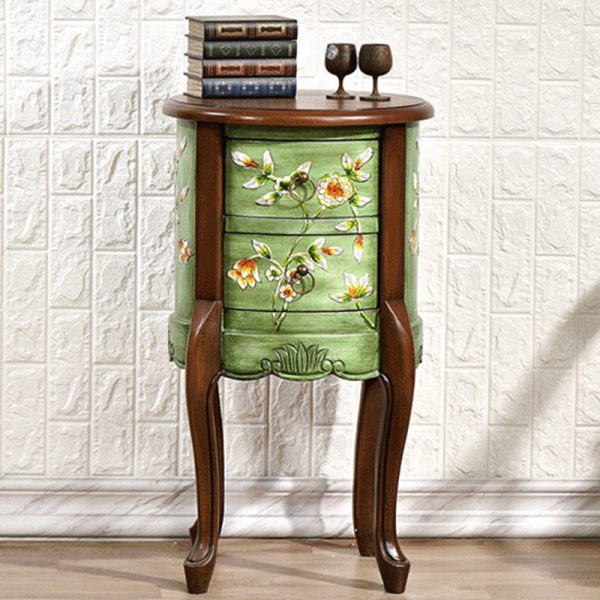 Traditional European Square Round Flower Painted Birch Rubber Wood MDF Metal Side Table 2-Drawer For Living Room - Image 17