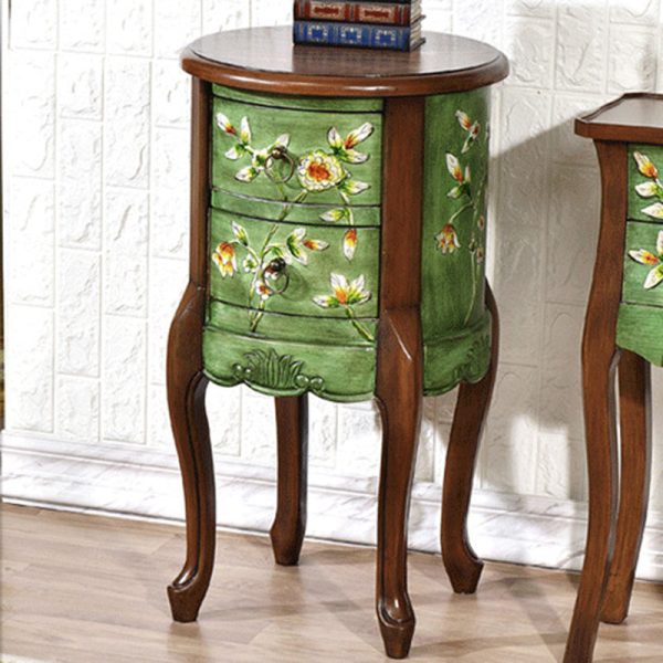 Traditional European Square Round Flower Painted Birch Rubber Wood MDF Metal Side Table 2-Drawer For Living Room - Image 14