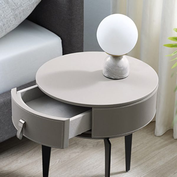Modern Luxury Round Microfiber Leather Solid Wood Metal Nightstand 1-Drawer For Bedroom - Image 7