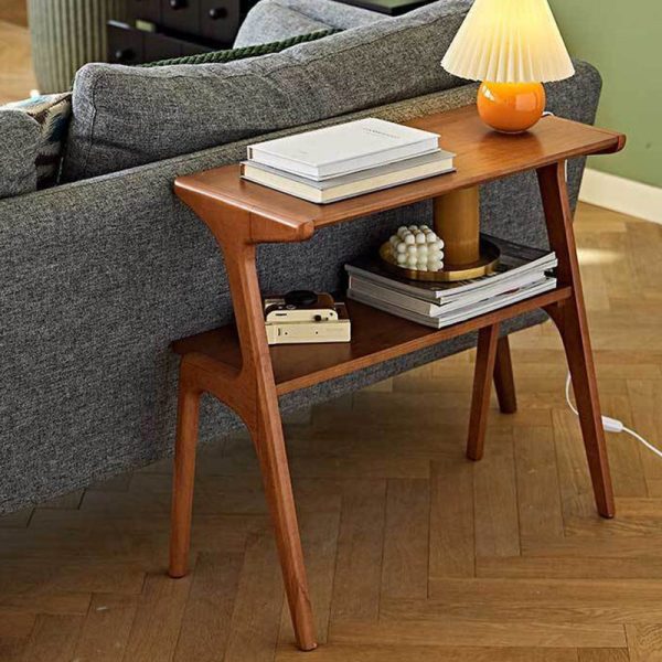 Contemporary Retro Rectangular Beech Rubber Wood Side Table 2-Tier For Living Room - Image 13