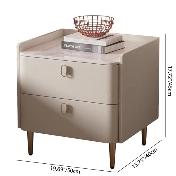 Modern Minimalist Square Rock Panel Pine Microfiber Leather Nightstand 2-Drawer For Bedroom - Image 5
