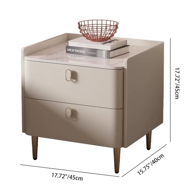 Modern Minimalist Square Rock Panel Pine Microfiber Leather Nightstand 2-Drawer For Bedroom - Image 4