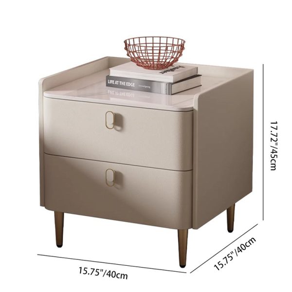 Modern Minimalist Square Rock Panel Pine Microfiber Leather Nightstand 2-Drawer For Bedroom - Image 3