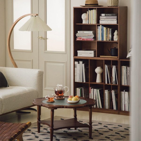 Contemporary Retro Flower Round Wood Glass Coffee Table 2-Tier For Living Room - Image 23