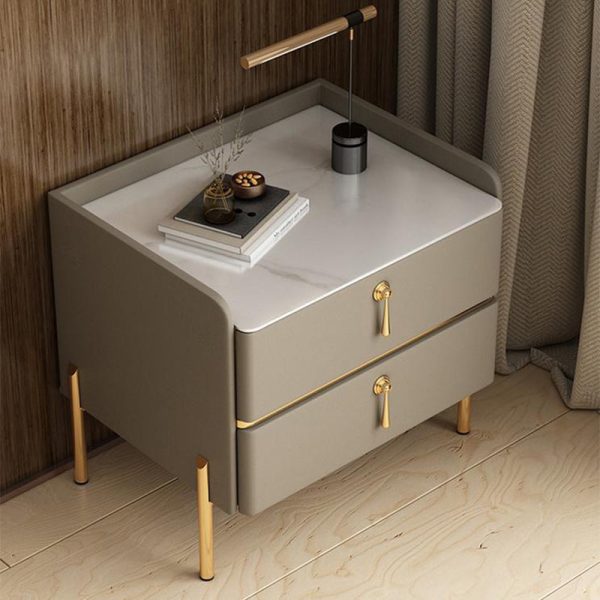 Modern Luxury Rectangular Solid Wood Rock Slab Leather Nightstand 2-Drawer For Bedroom - Image 17