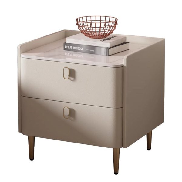 Modern Minimalist Square Rock Panel Pine Microfiber Leather Nightstand 2-Drawer For Bedroom - Image 9