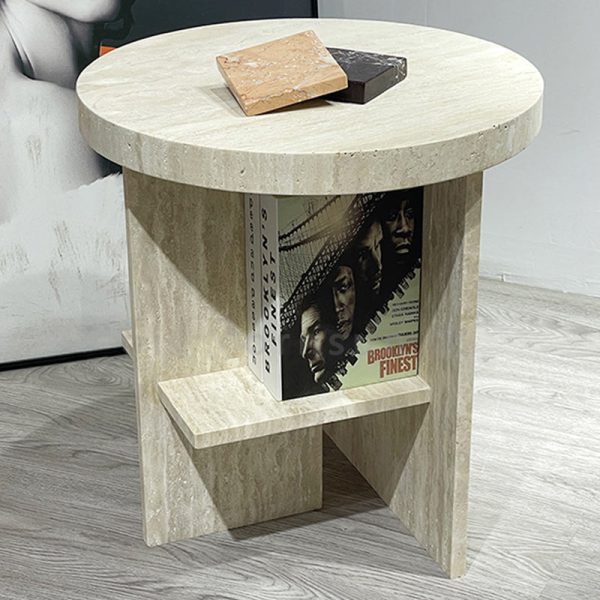Contemporary Nordic Round Crossed Base Travertine Chrysoprase Side Table 2-Shelf For Bedside - Image 12